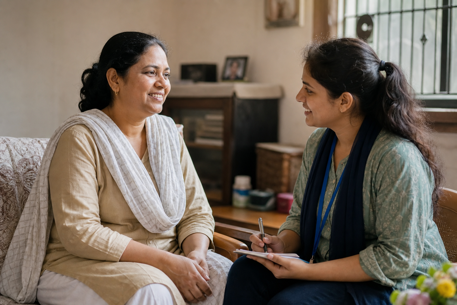 Illustrative scene of an older South Asian woman speaking with a community volunteer; not a verified photograph of Najma