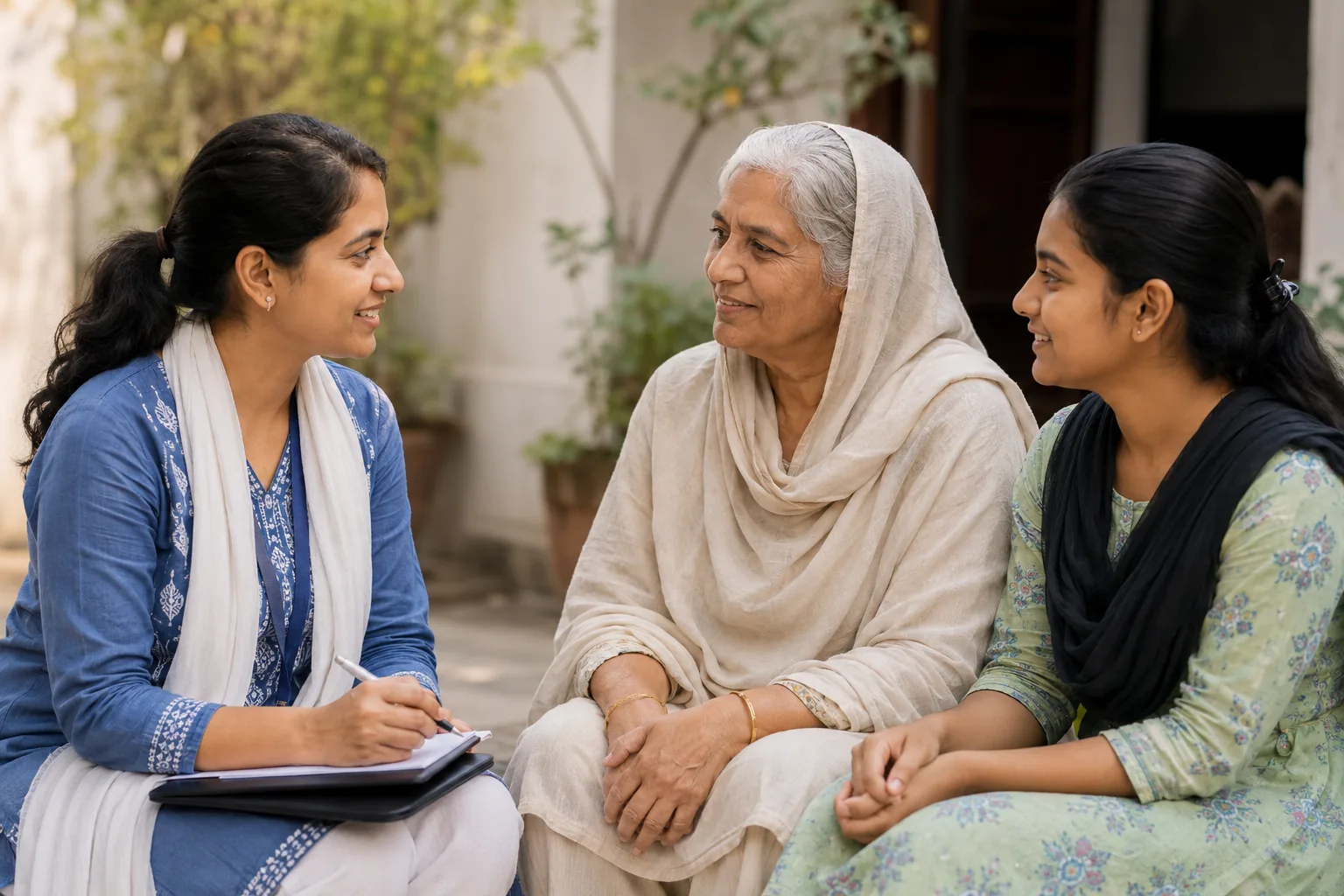 VCare representative meeting with a family in the community