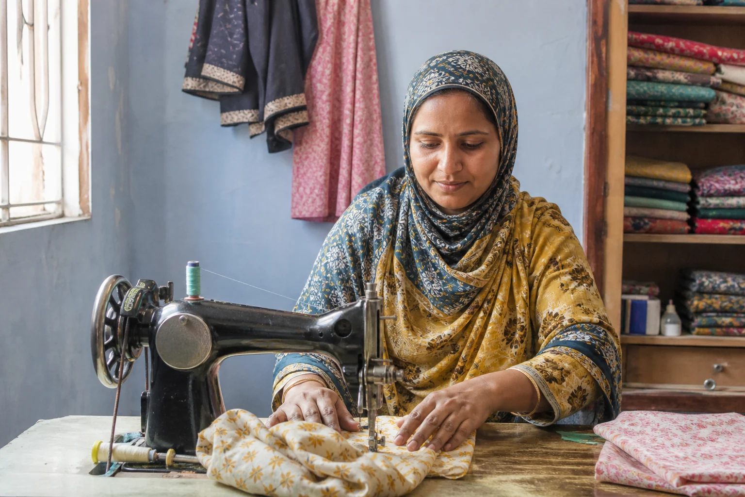 Woman working at a sewing machine in a tailoring workspace
