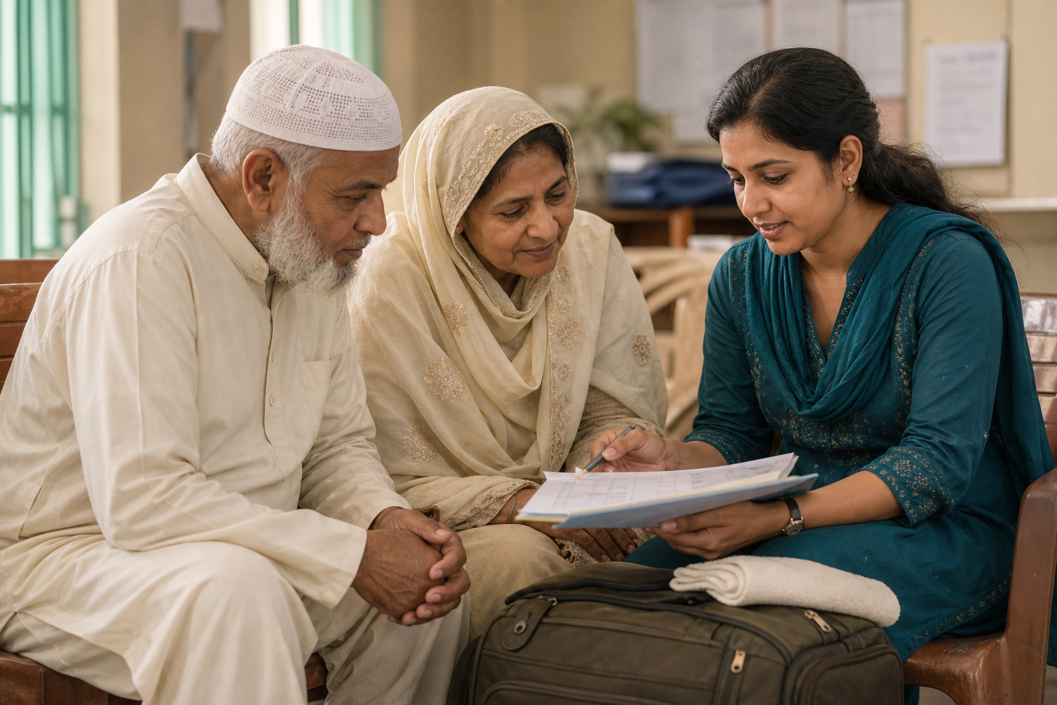 Older Muslim couple reviewing pilgrimage plans with a VCare volunteer