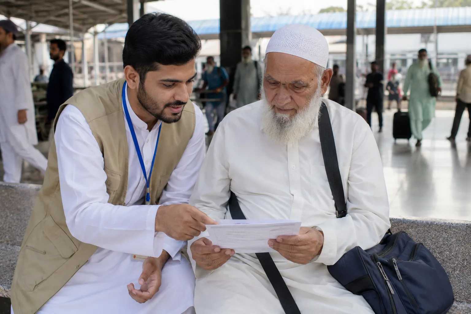 Volunteer helping an older traveler review pilgrimage information