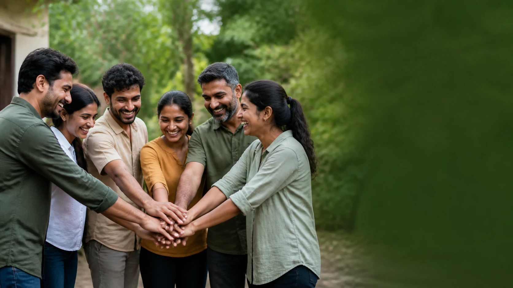 Volunteers stacking their hands together in a community setting